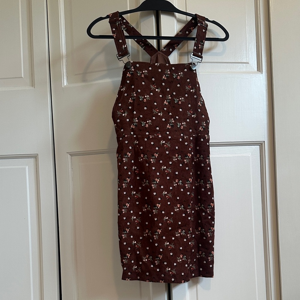 Allegra K Floral Brown Corduroy Pinafore Mini Dress